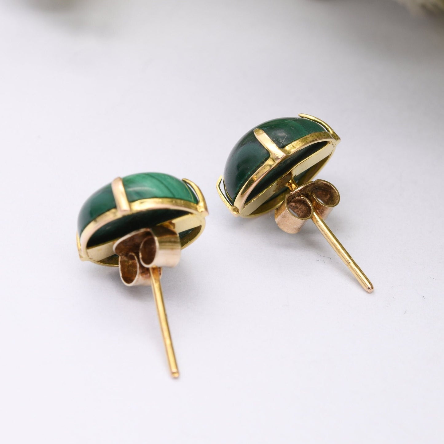 Vintage 9ct Gold Malachite Stud Earrings - Green Gemstone | May Birthstone | Cabochon Gems | Butterfly Back | Solid Gold