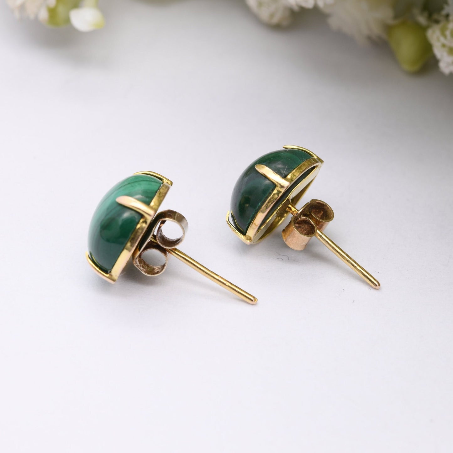 Vintage 9ct Gold Malachite Stud Earrings - Green Gemstone | May Birthstone | Cabochon Gems | Butterfly Back | Solid Gold