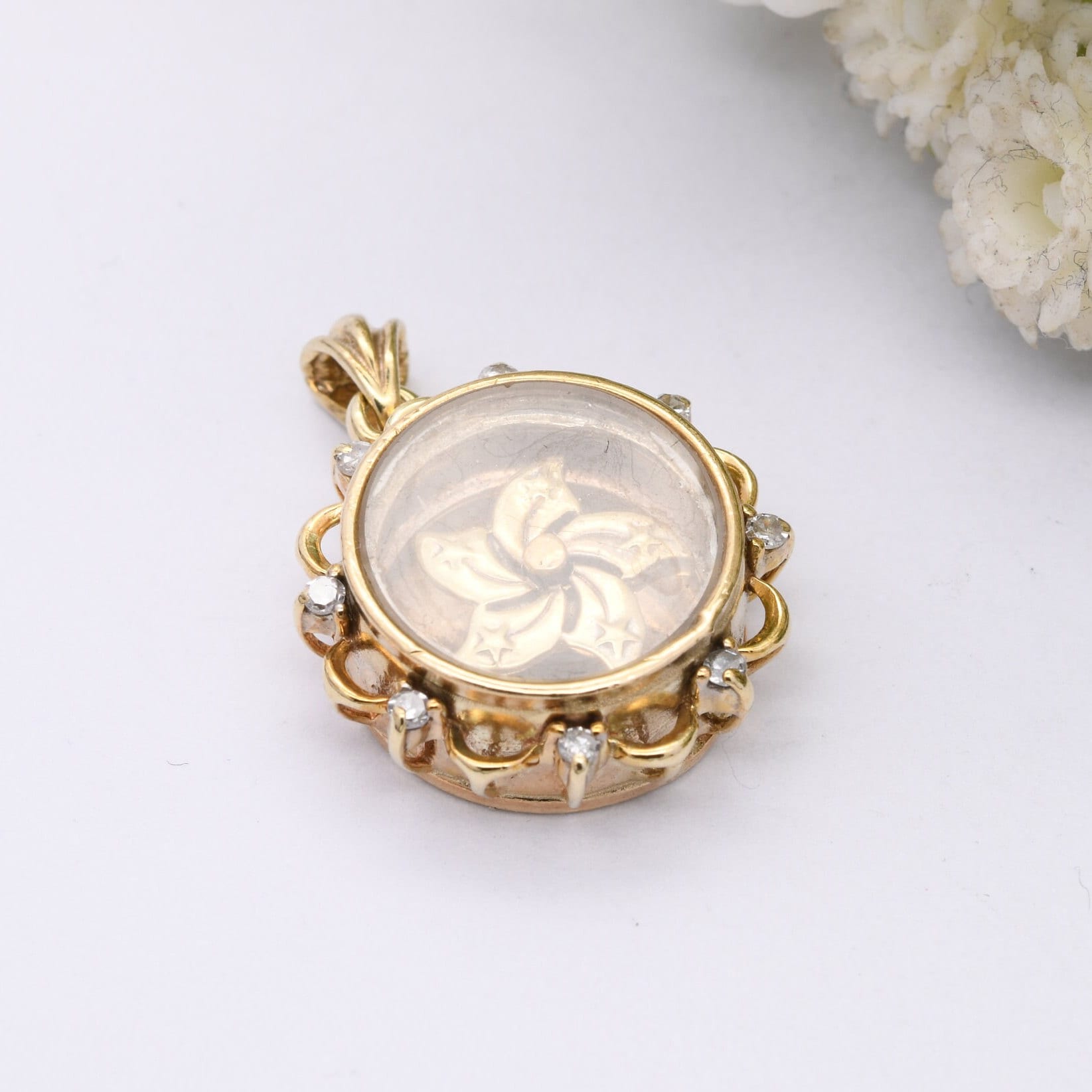 Vintage 9ct Gold Diamond Pendant with Star Spinner in Glass Mount - Star Wheel Fob Pendant