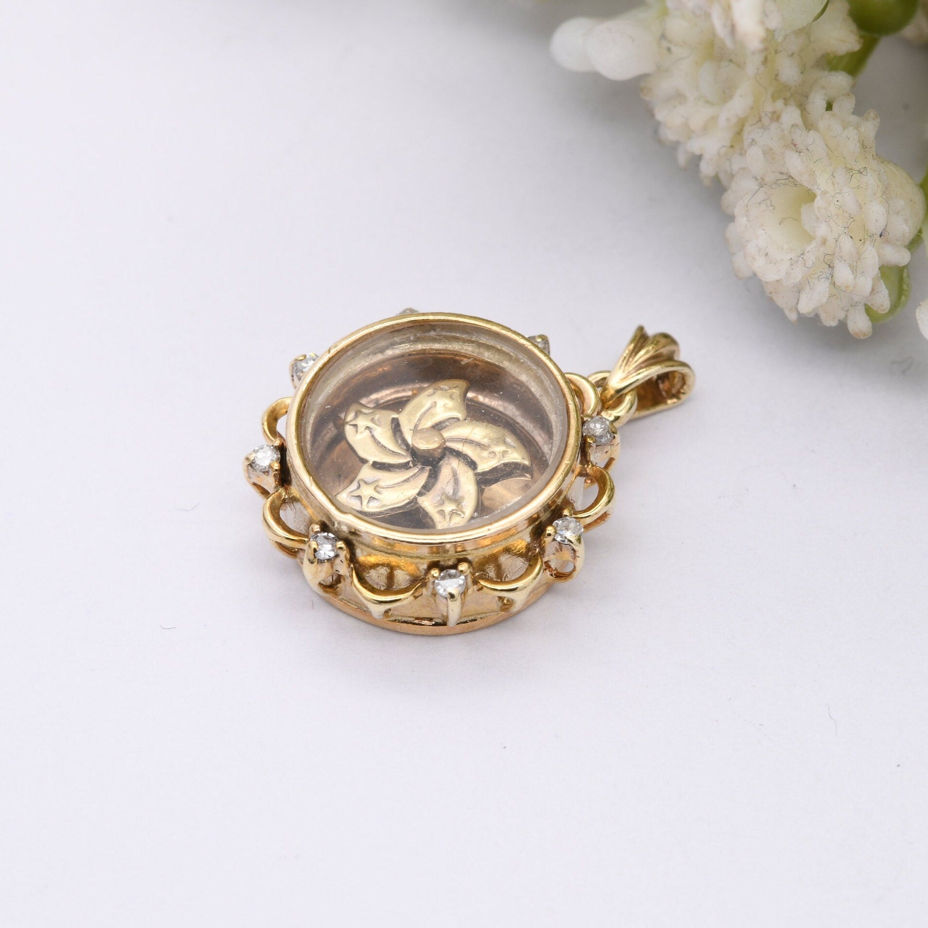 Vintage 9ct Gold Diamond Pendant with Star Spinner in Glass Mount - Star Wheel Fob Pendant