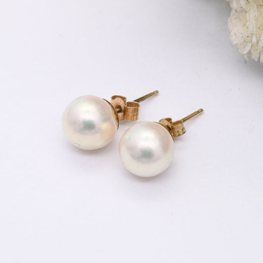 Vintage 9ct Gold Pearl Stud Earrings - Chunky White Cultured Pearls | Round Ball Earrings