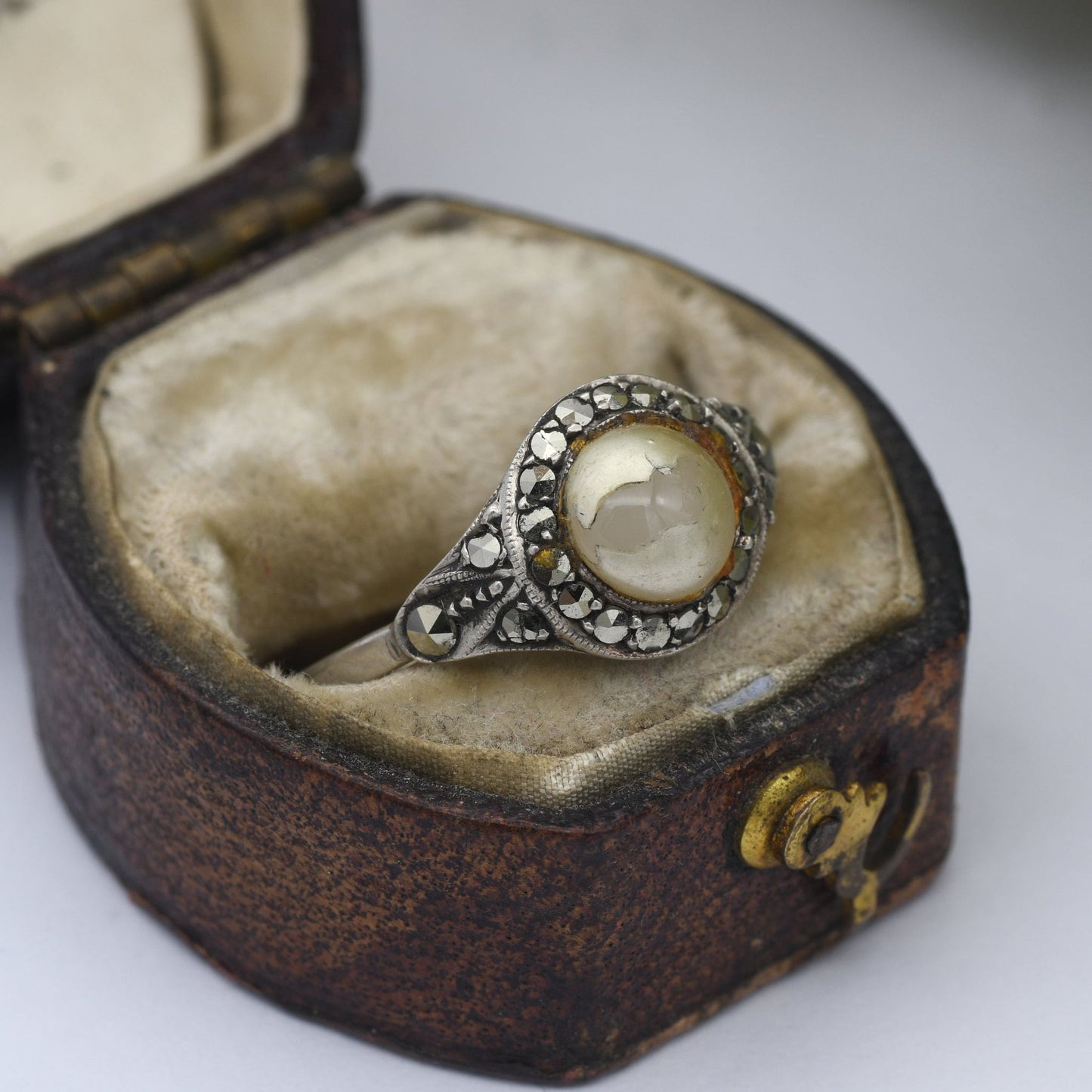 Vintage Silver Faux Pearl Ring with Marcasite Halo Stones