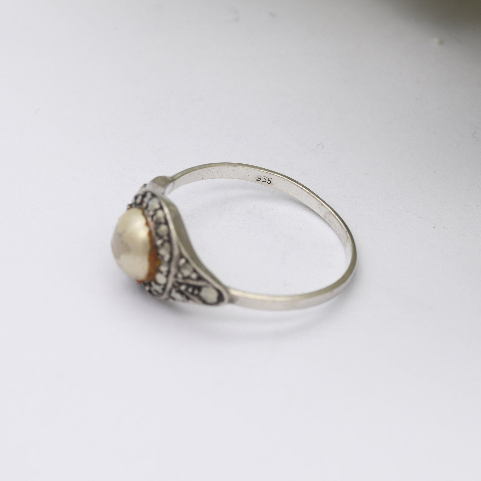 Vintage Silver Faux Pearl Ring with Marcasite Halo Stones