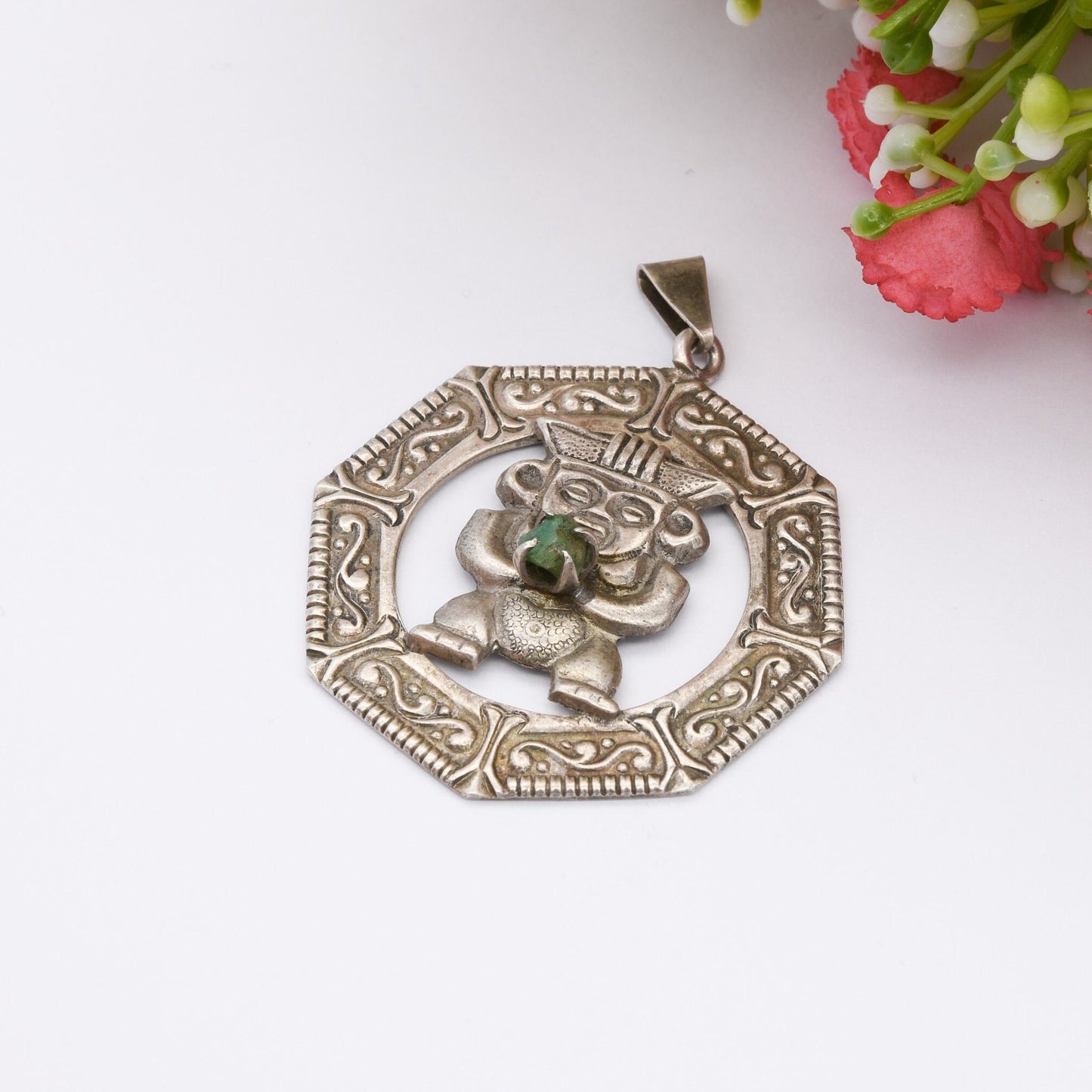 Vintage Silver God Holding Gemstone Pendant