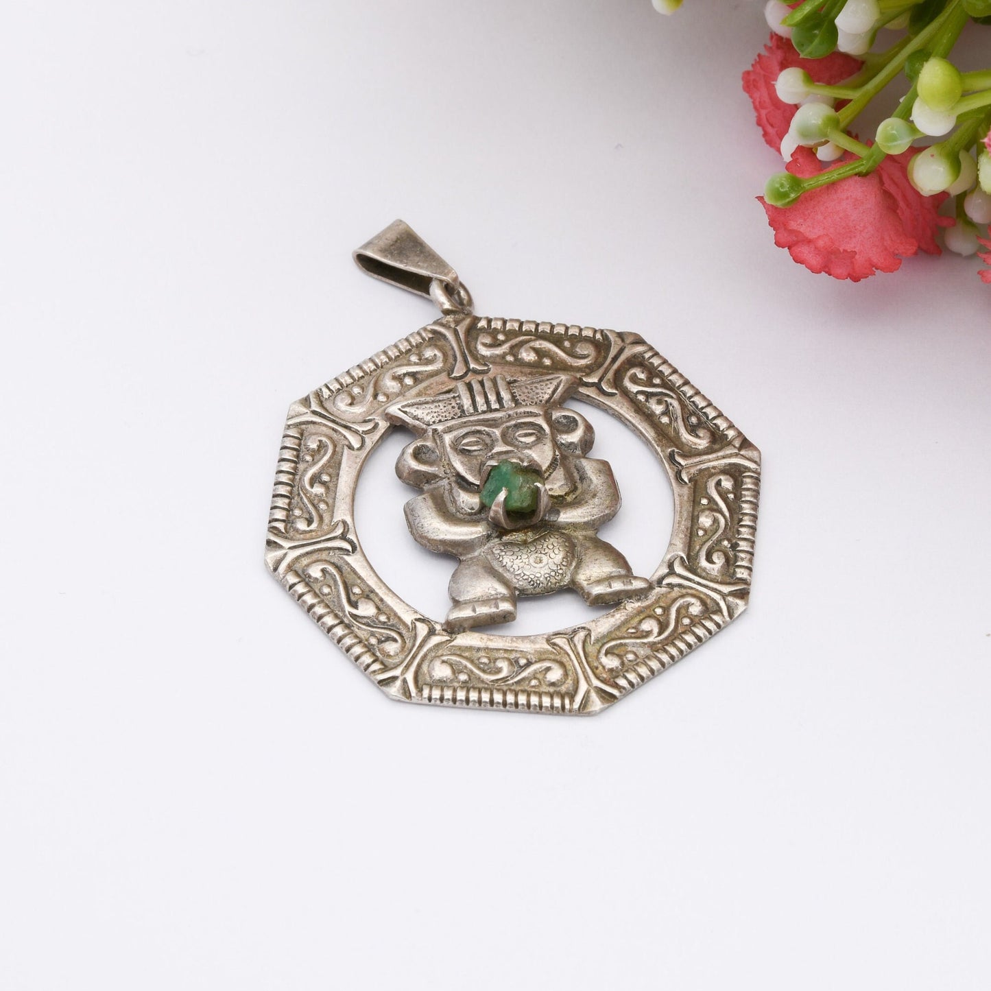 Vintage Silver God Holding Gemstone Pendant