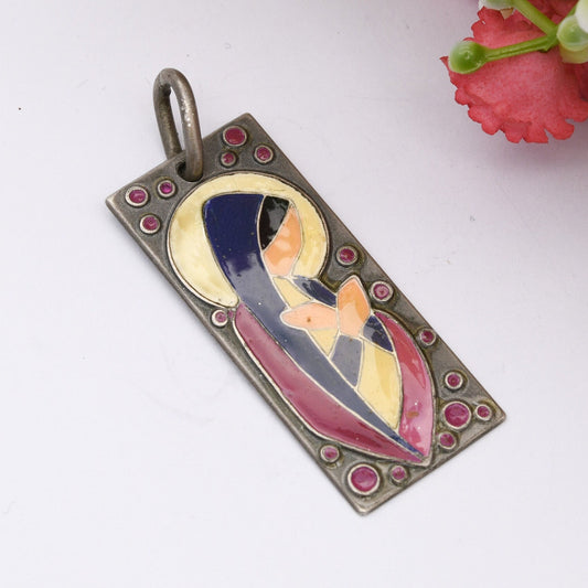 Vintage Silver Enamel Virgin Mary Pendant