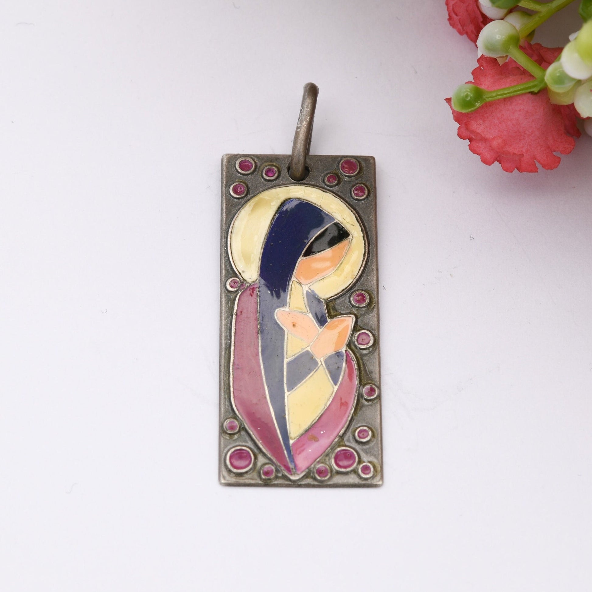 Vintage Silver Enamel Virgin Mary Pendant