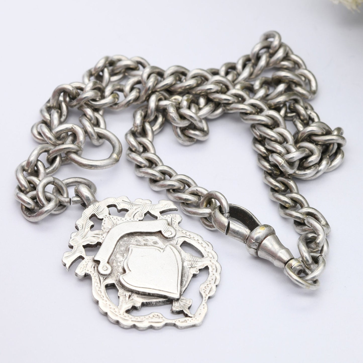 Antique Sterling Silver Double Albert Chain with Watch Fob & Dog Clip 1915