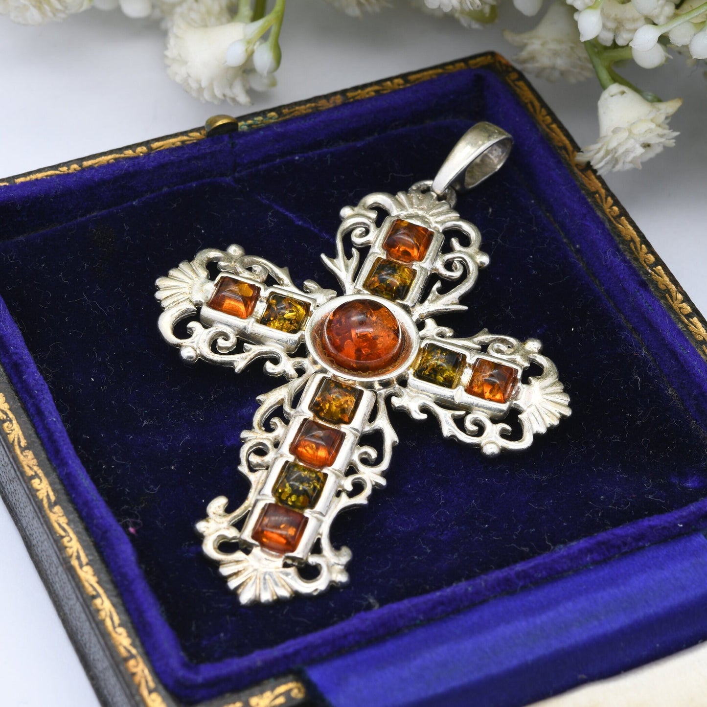 Vintage Sterling Silver Amber Cross Pendant