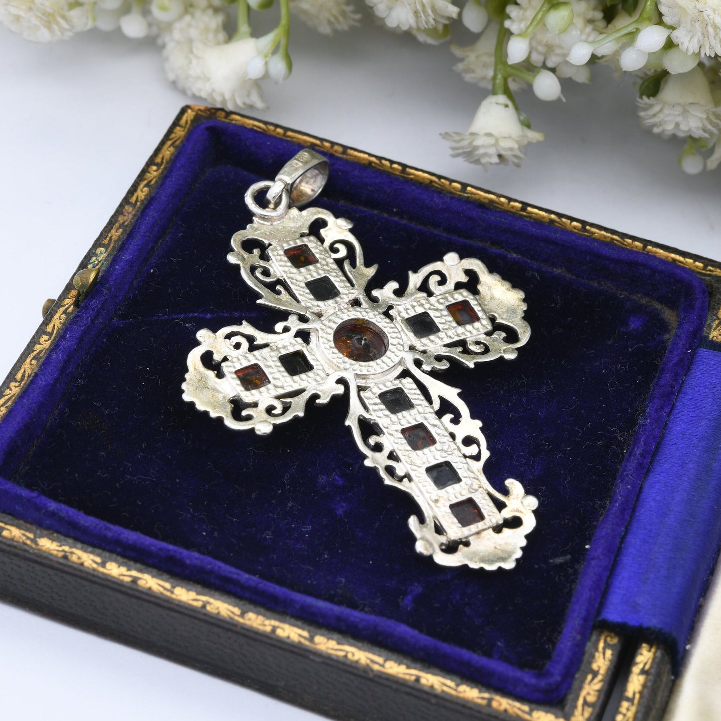 Vintage Sterling Silver Amber Cross Pendant