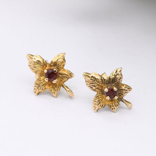 Vintage 9ct Gold Garnet Leaf Stud Earrings