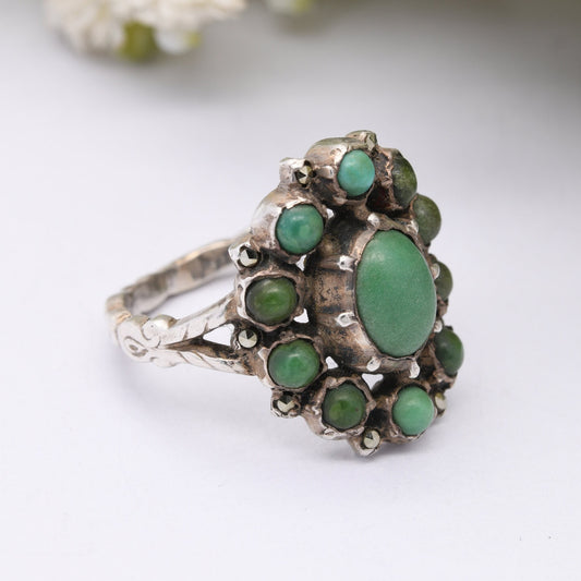 Antique Austro-Hungarian Silver Turquoise Ring with Marcasite Accent Stones