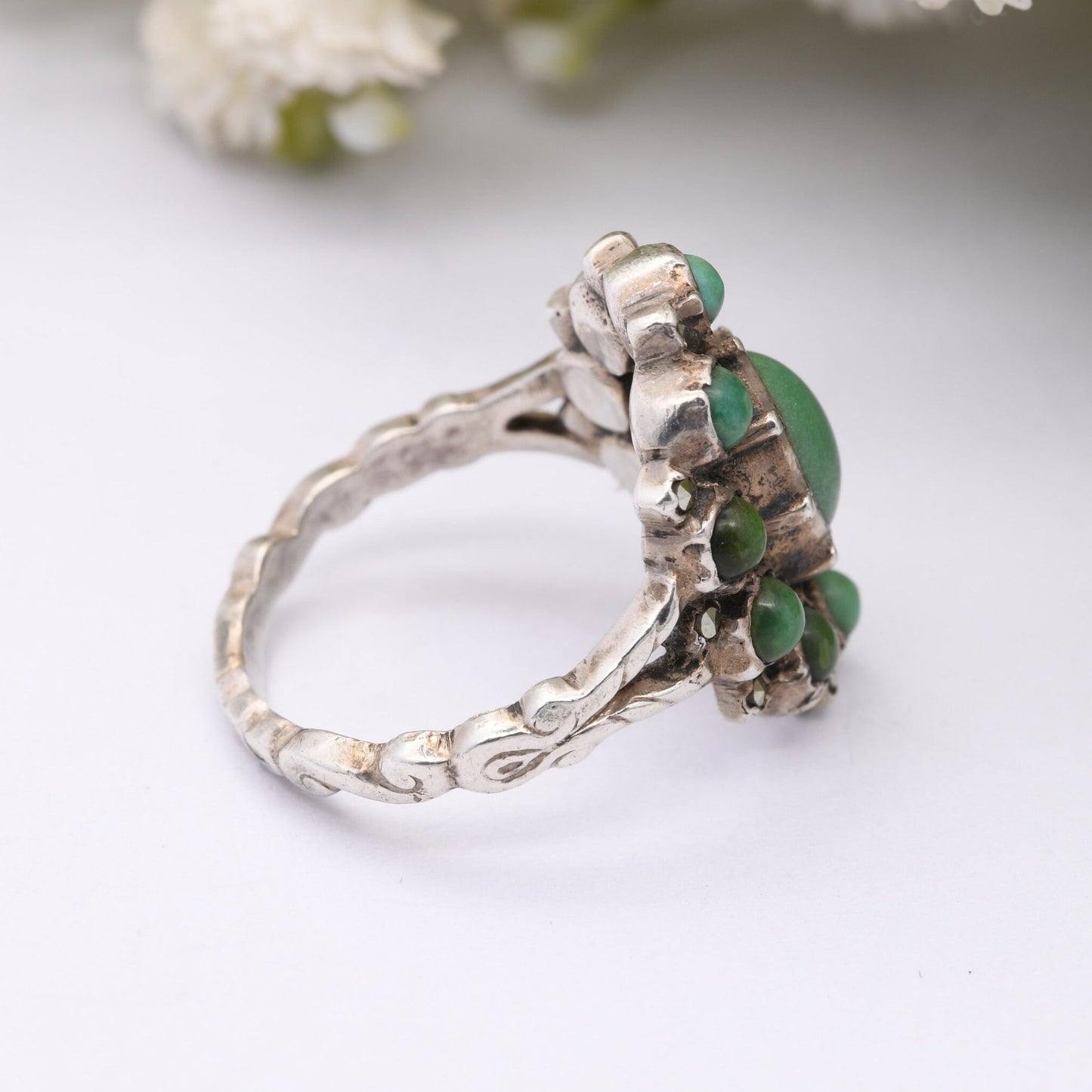 Antique Austro-Hungarian Silver Turquoise Ring with Marcasite Accent Stones