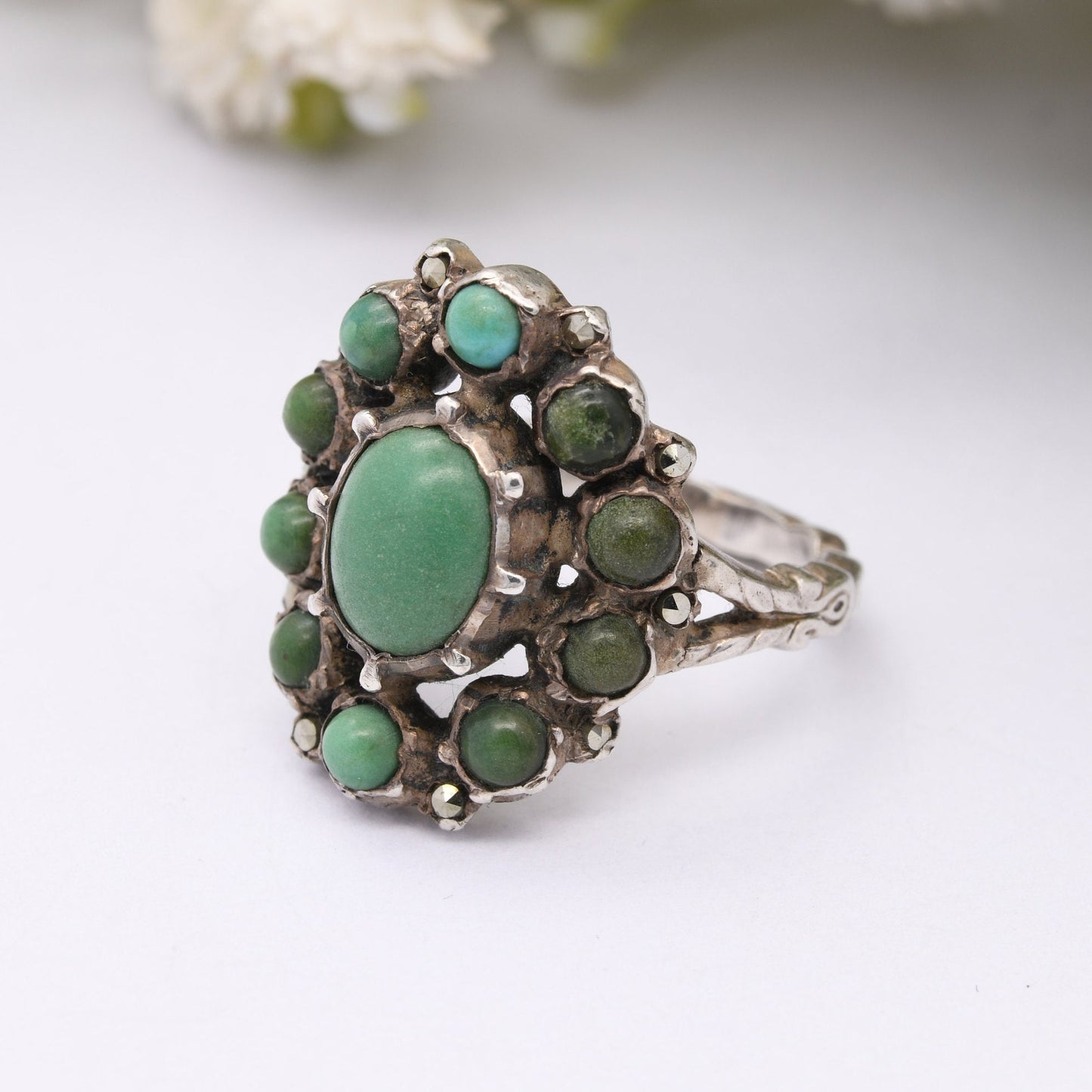 Antique Austro-Hungarian Silver Turquoise Ring with Marcasite Accent Stones