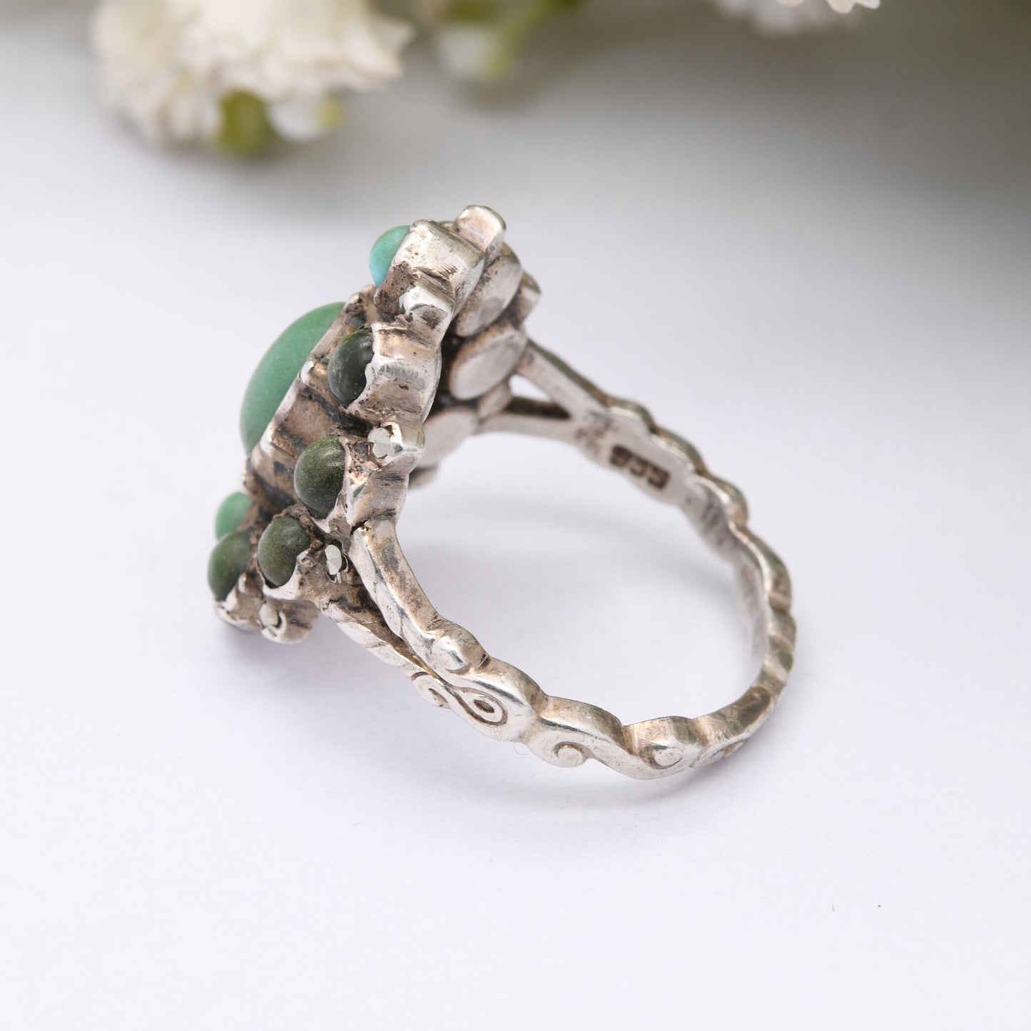 Antique Austro-Hungarian Silver Turquoise Ring with Marcasite Accent Stones