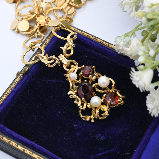 Vintage 9ct Gold Necklace with Pearl and Garnet Gemstone Pendant 1972