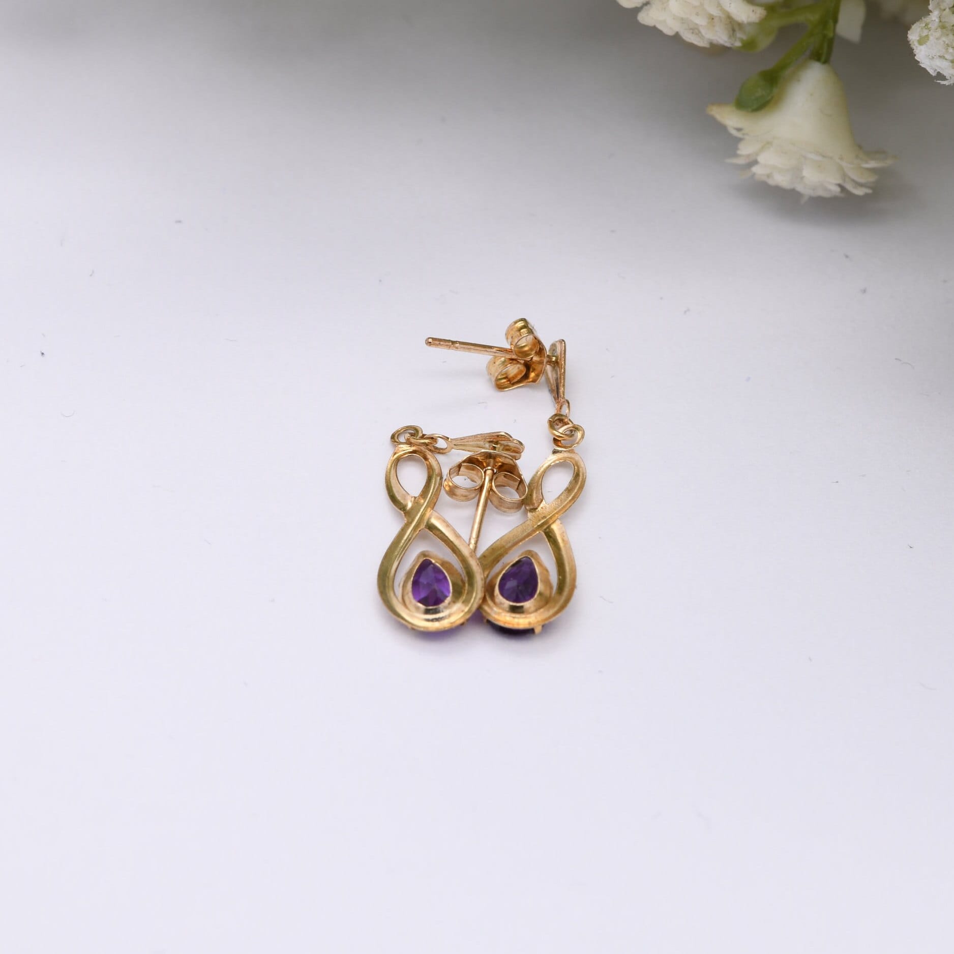 Vintage 9ct Gold Amethyst Drop Earrings with Openwork Twist Design