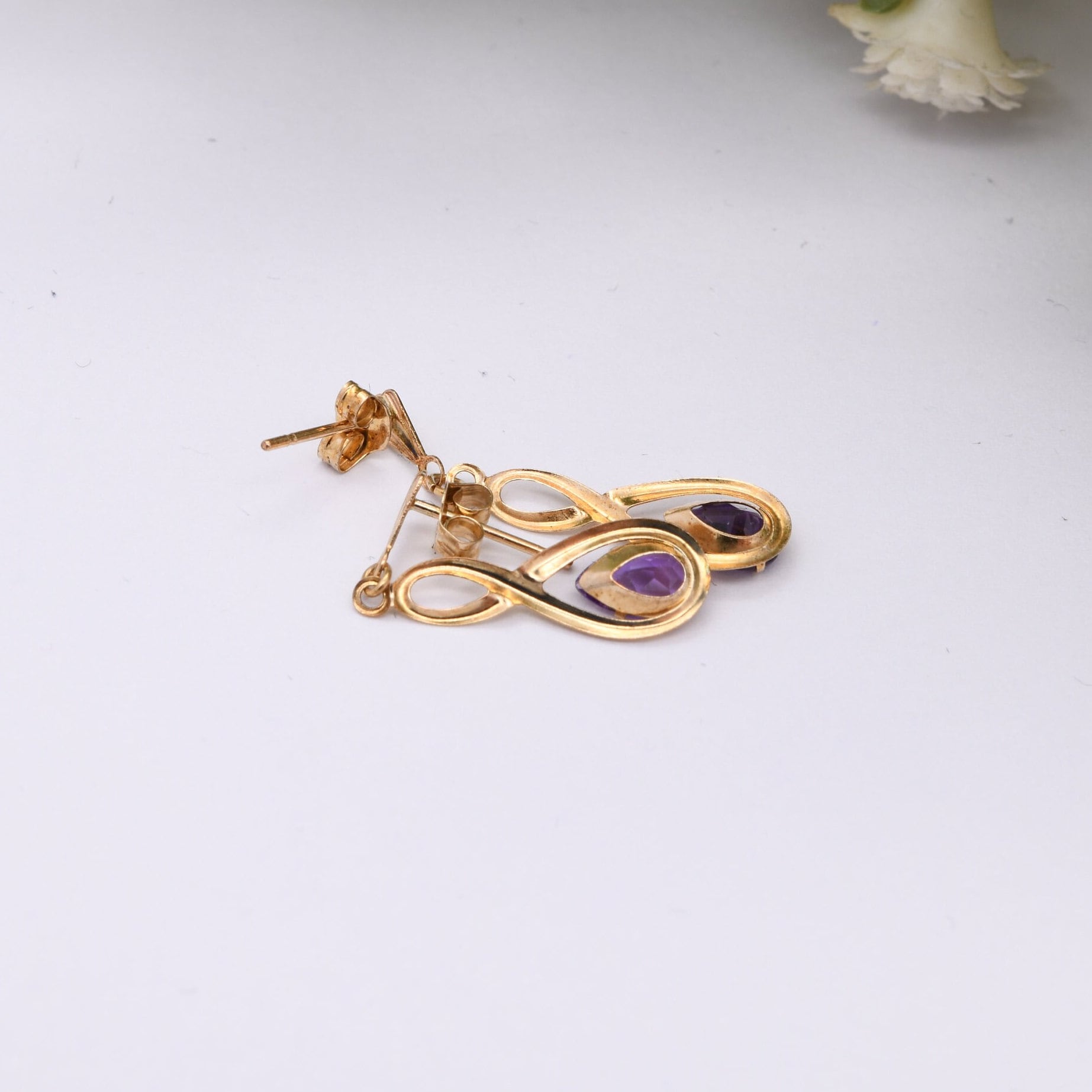 Vintage 9ct Gold Amethyst Drop Earrings with Openwork Twist Design