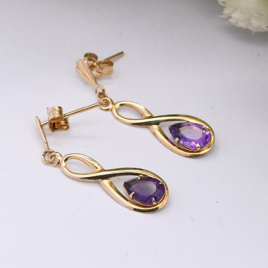 Vintage 9ct Gold Amethyst Drop Earrings with Openwork Twist Design