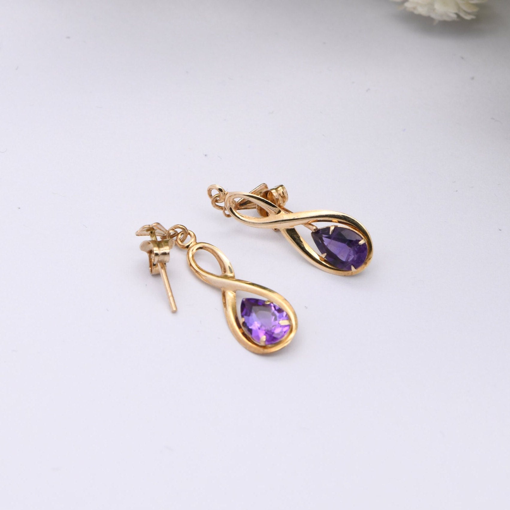 Vintage 9ct Gold Amethyst Drop Earrings with Openwork Twist Design