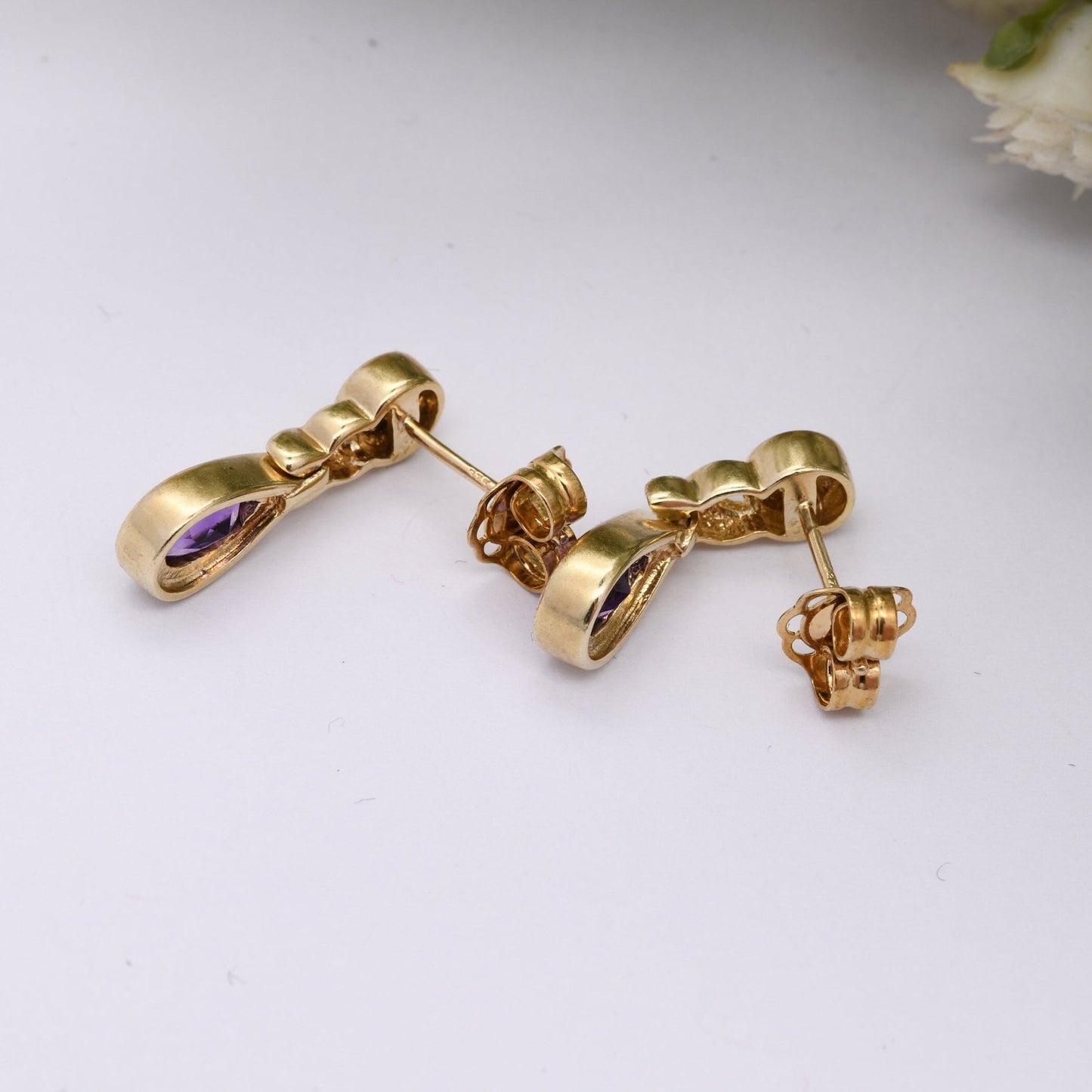 Vintage 9ct Gold Amethyst Diamond Drop Earrings