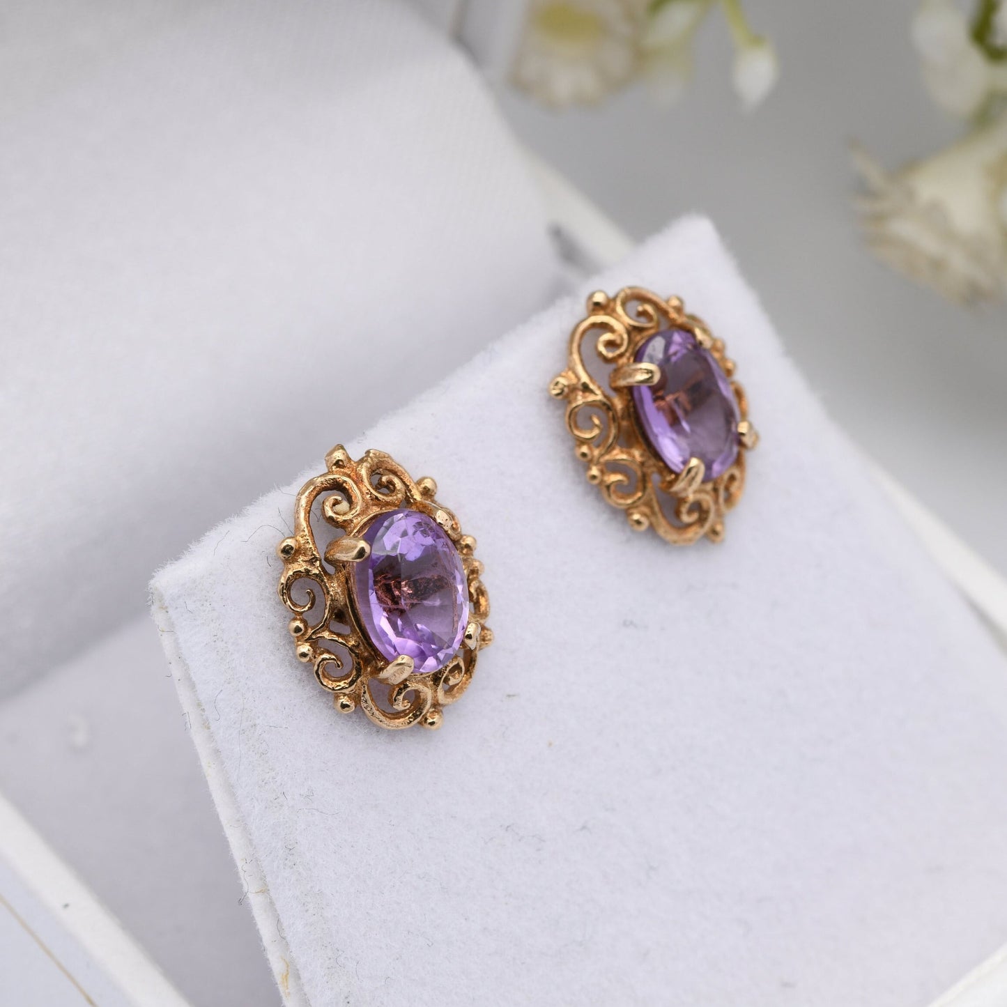 Vintage 9ct Gold Amethyst Stud Earrings 1971