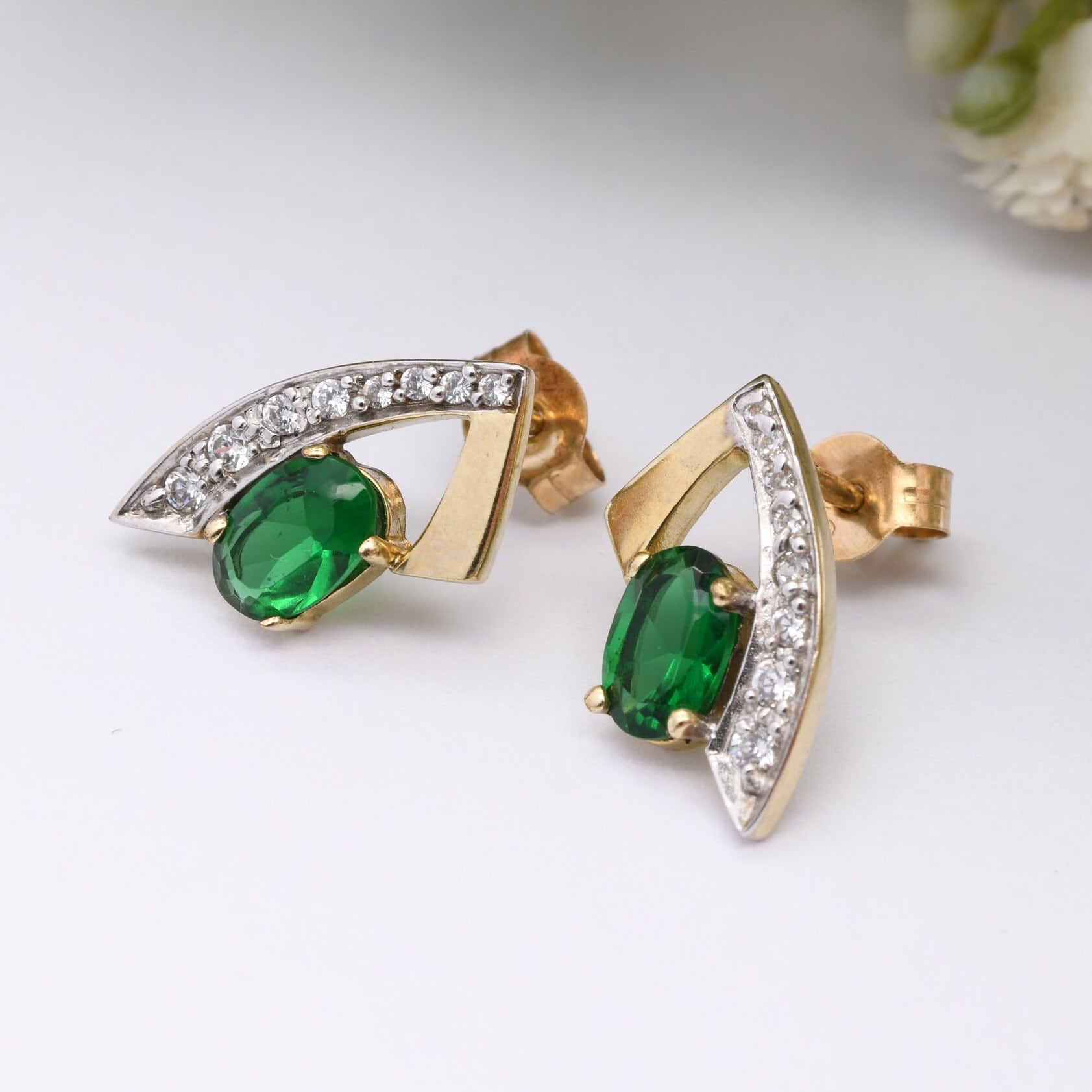 Vintage 9ct Gold Stud Earrings with Green and Clear Stones