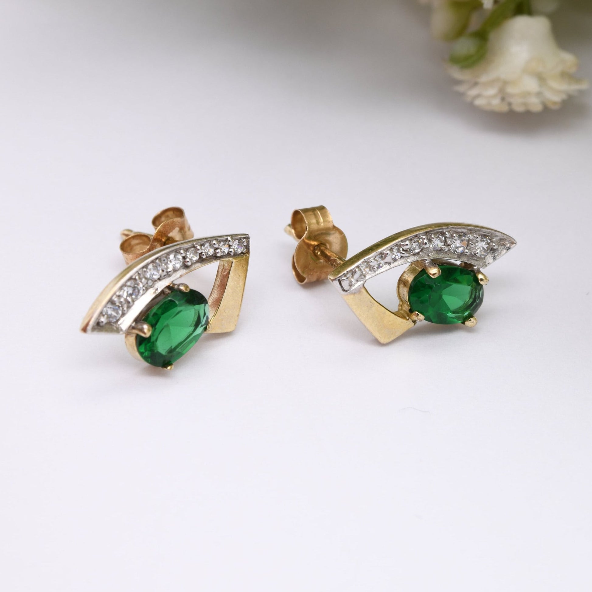 Vintage 9ct Gold Stud Earrings with Green and Clear Stones