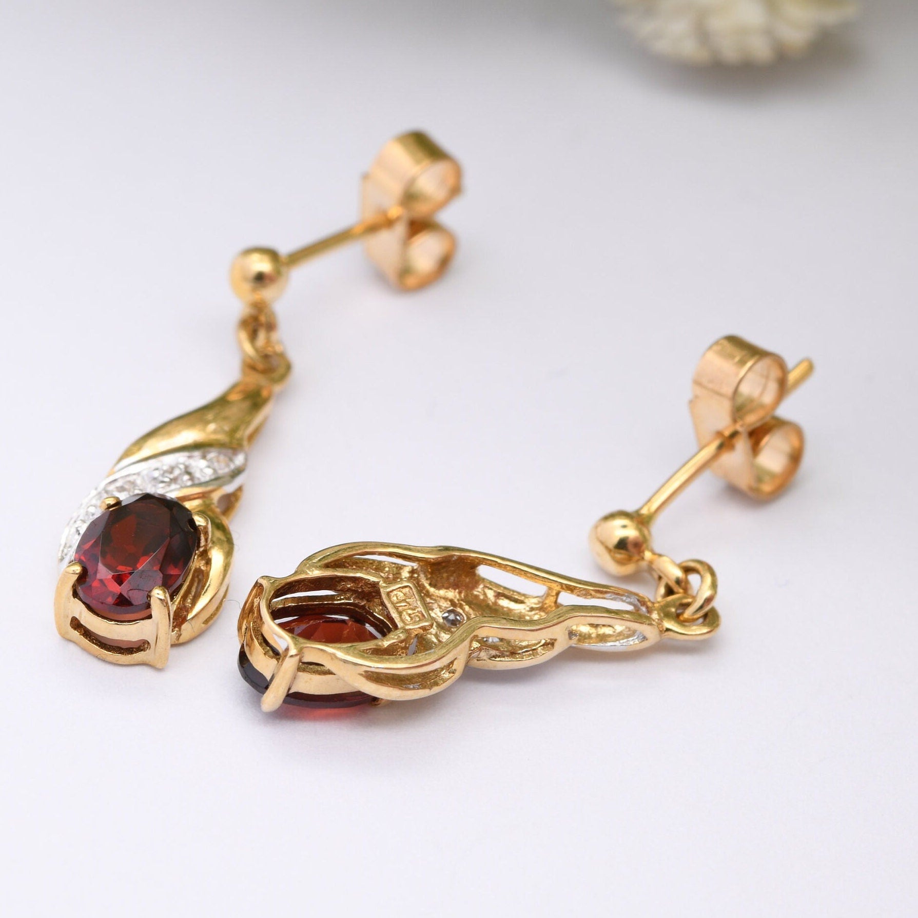 Vintage 9ct Gold Garnet Diamond Drop Earrings