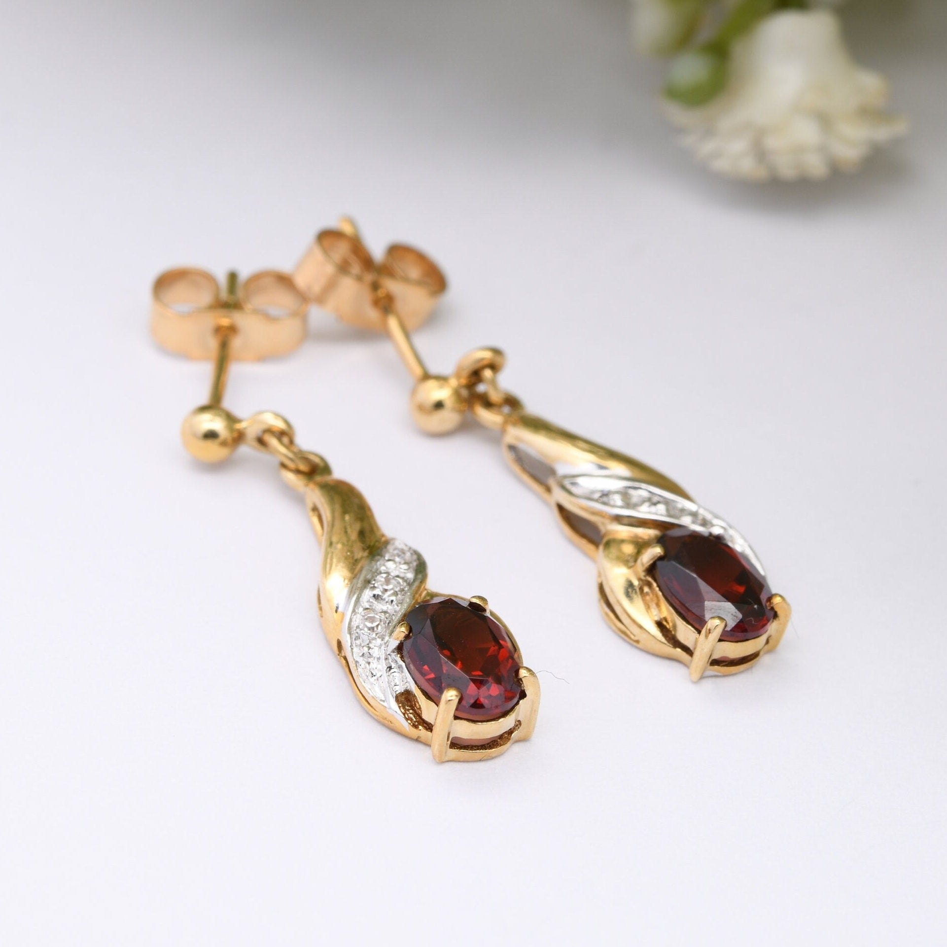 Vintage 9ct Gold Garnet Diamond Drop Earrings