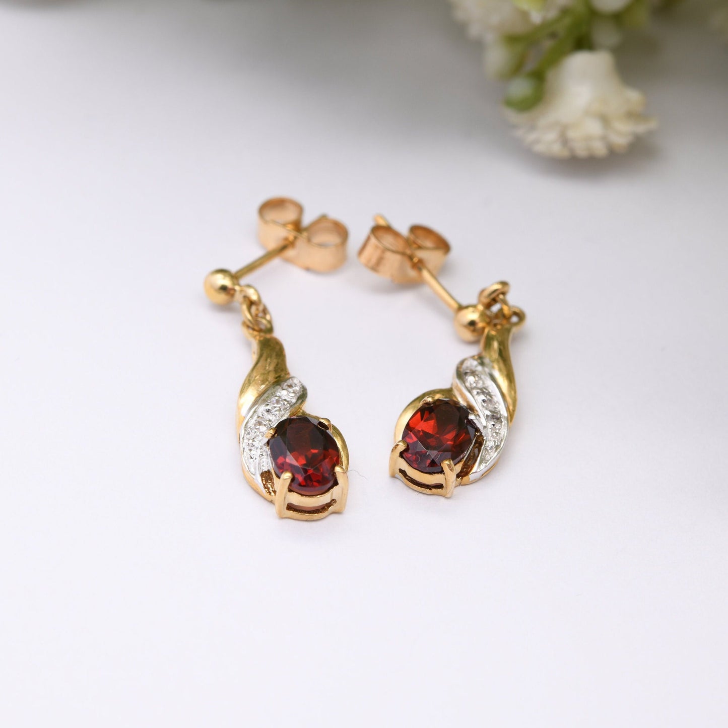 Vintage 9ct Gold Garnet Diamond Drop Earrings