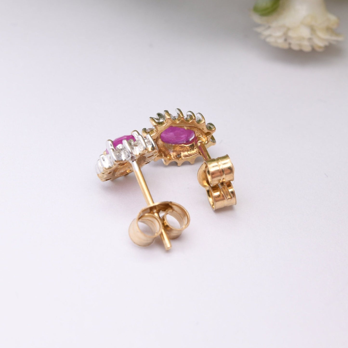 Vintage 9ct Gold Ruby Diamond Halo Stud Earrings