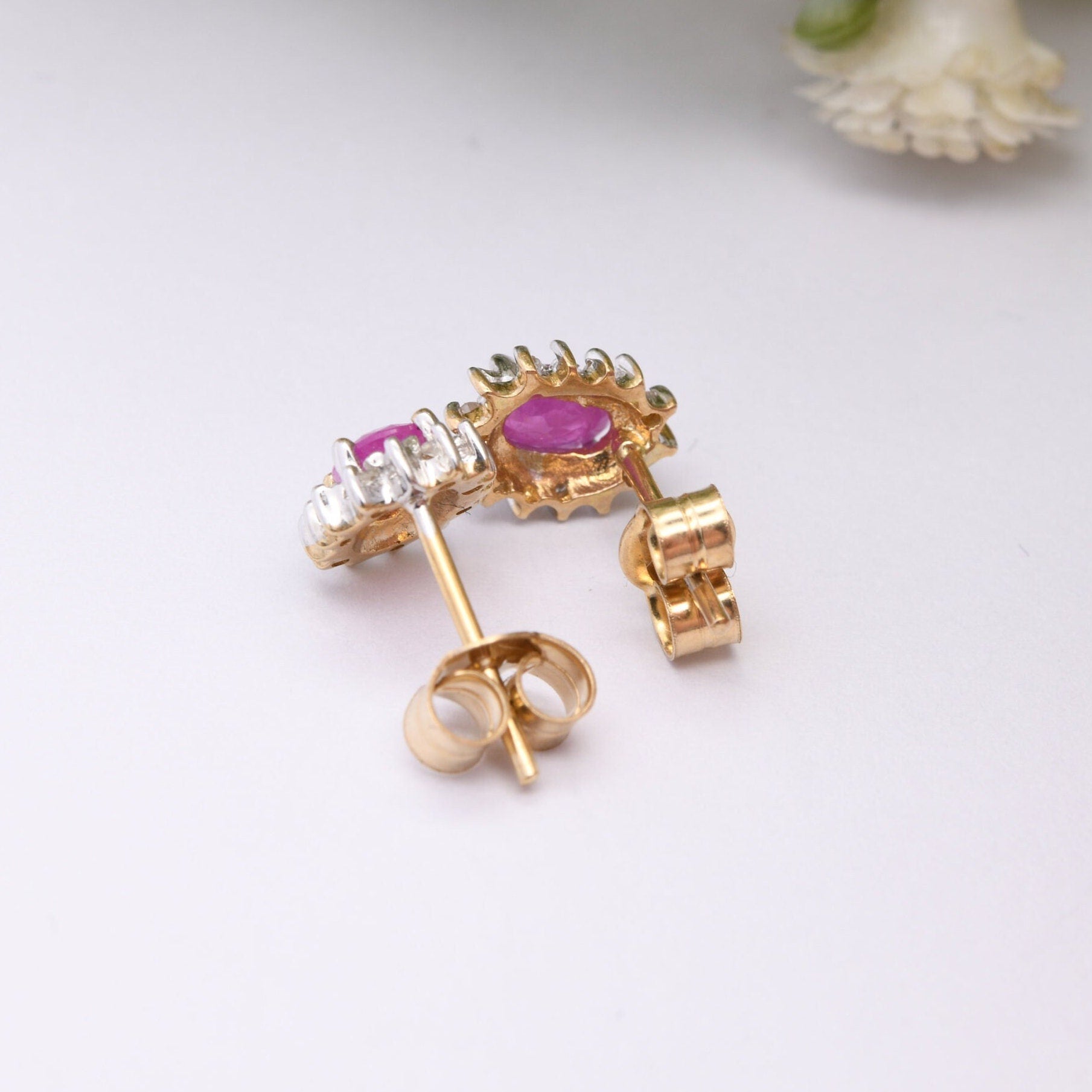 Vintage 9ct Gold Ruby Diamond Halo Stud Earrings