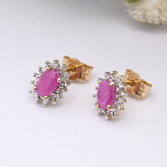 Vintage 9ct Gold Ruby Diamond Halo Stud Earrings