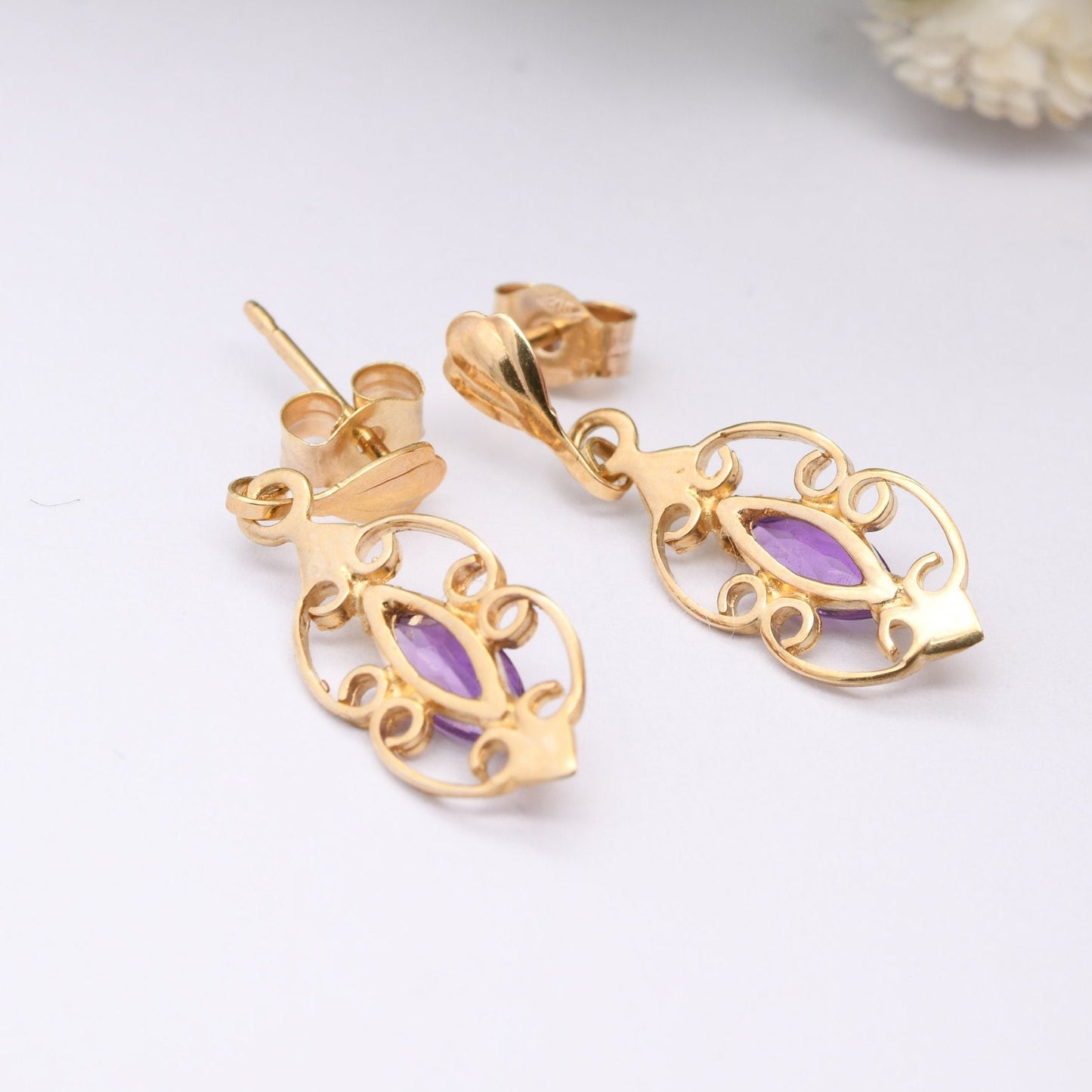 Vintage 9ct Gold Amethyst Drop Earrings