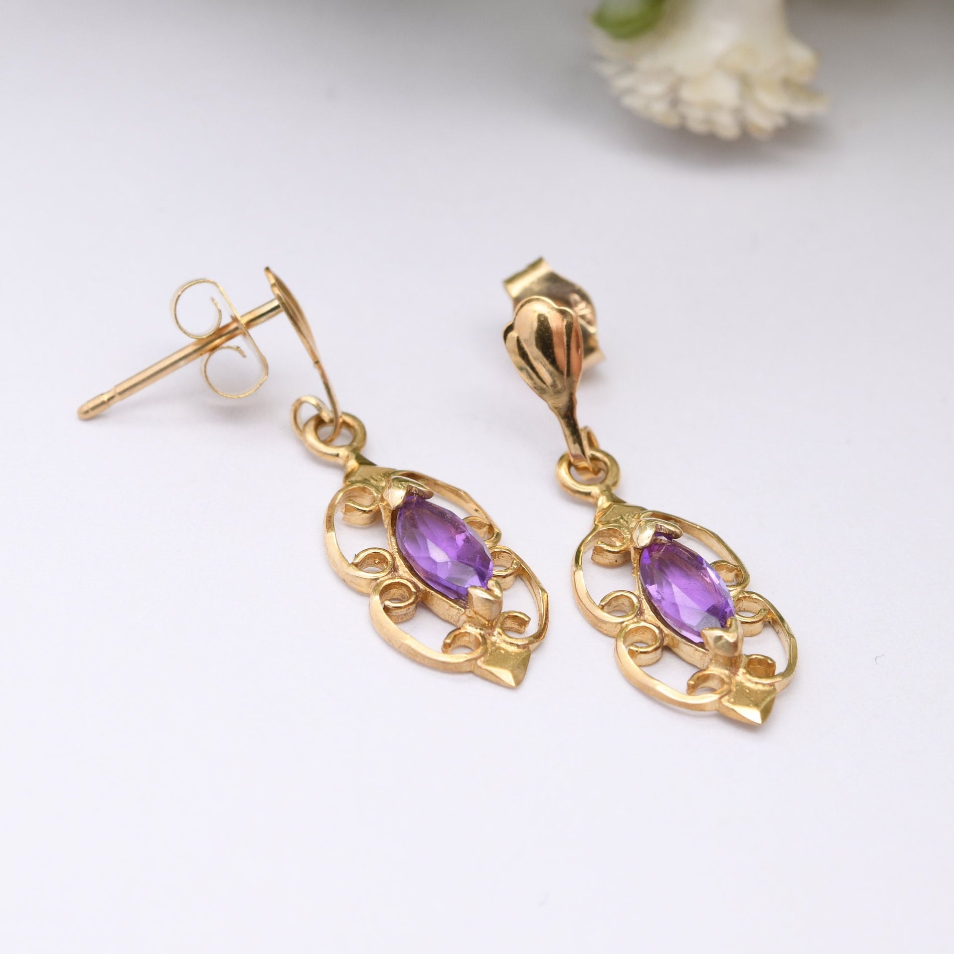 Vintage 9ct Gold Amethyst Drop Earrings