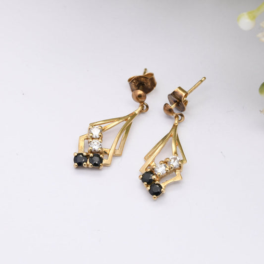 Vintage 9ct Gold Sapphire and CZ Sparkly Drop Earrings 1989