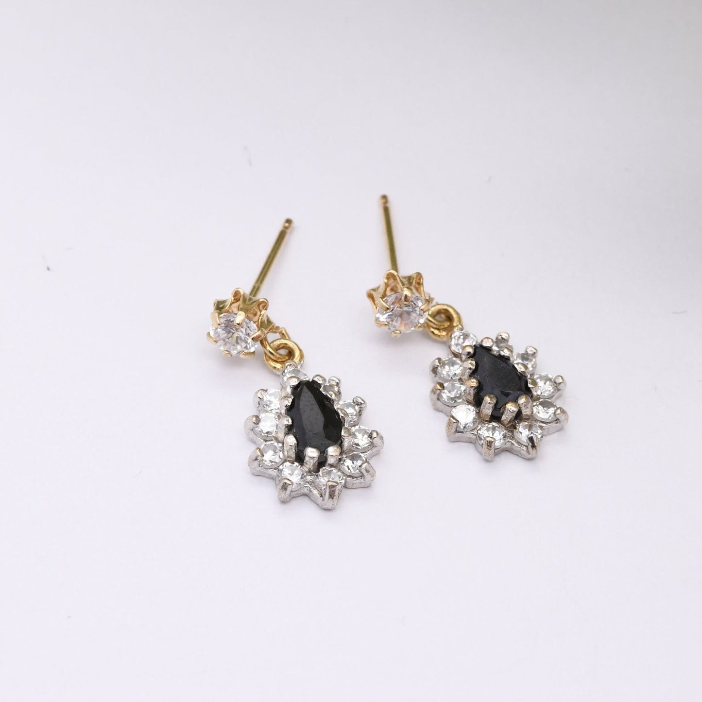 Vintage 9ct Gold Sapphire CZ Halo Drop Earrings