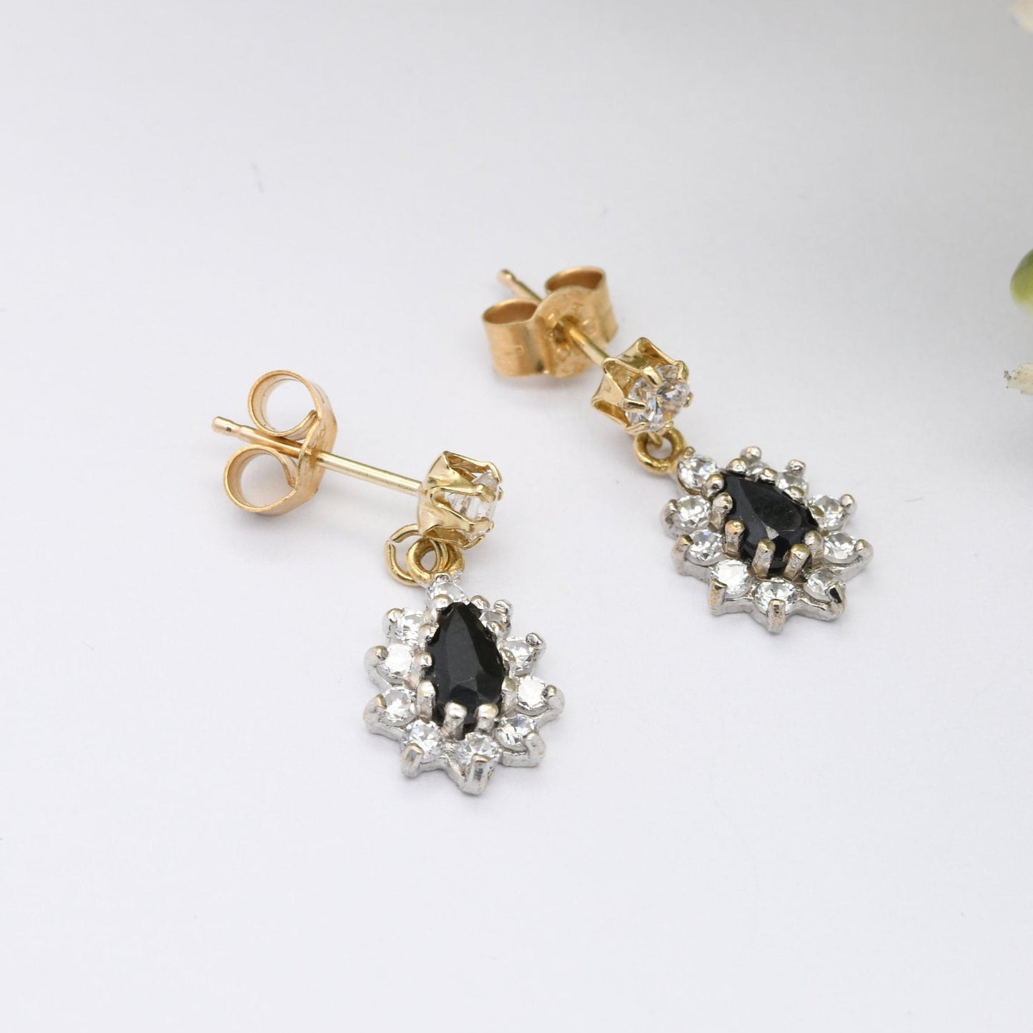 Vintage 9ct Gold Sapphire CZ Halo Drop Earrings