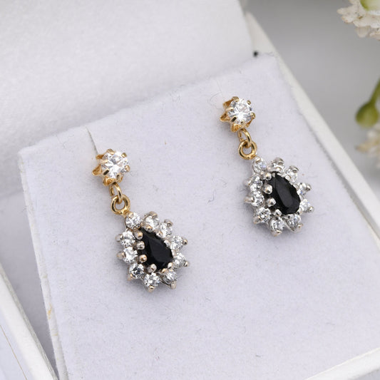 Vintage 9ct Gold Sapphire CZ Halo Drop Earrings