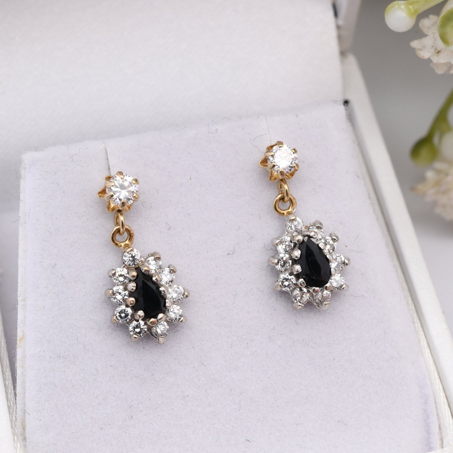 Vintage 9ct Gold Sapphire CZ Halo Drop Earrings