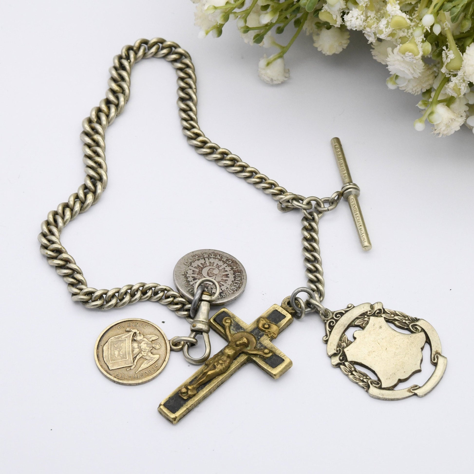 Antique Albert Chain with Fob Coins T-Bar Dog Clip - Victorian Pocket Watch Chain | Mixitine Silver Plate | Jesus on the Cross