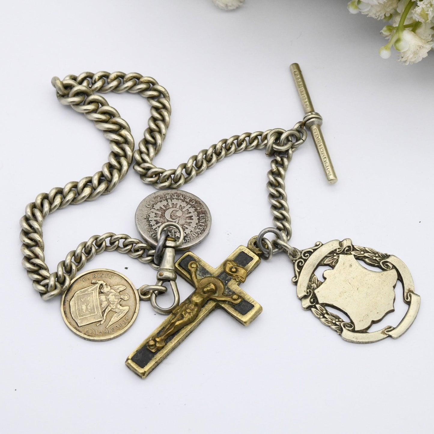 Antique Albert Chain with Fob Coins T-Bar Dog Clip - Victorian Pocket Watch Chain | Mixitine Silver Plate | Jesus on the Cross