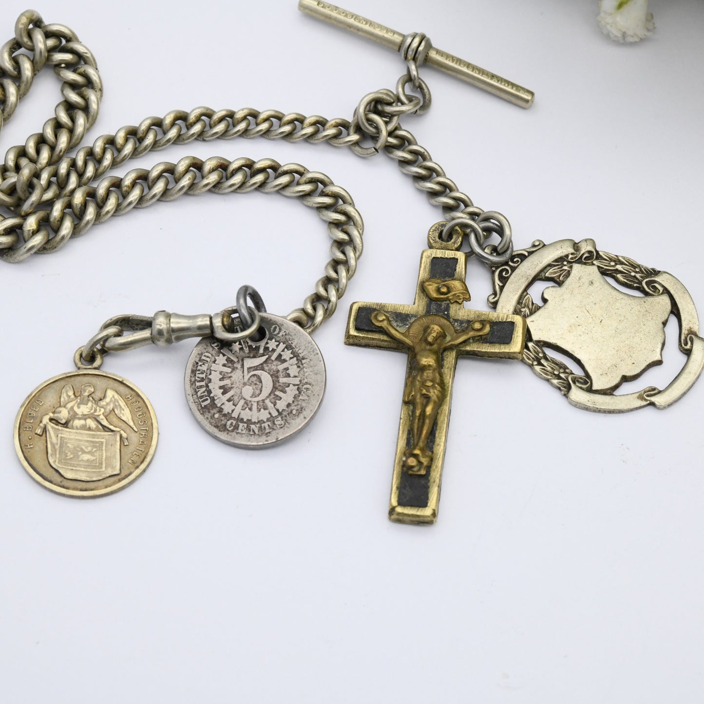 Antique Albert Chain with Fob Coins T-Bar Dog Clip - Victorian Pocket Watch Chain | Mixitine Silver Plate | Jesus on the Cross