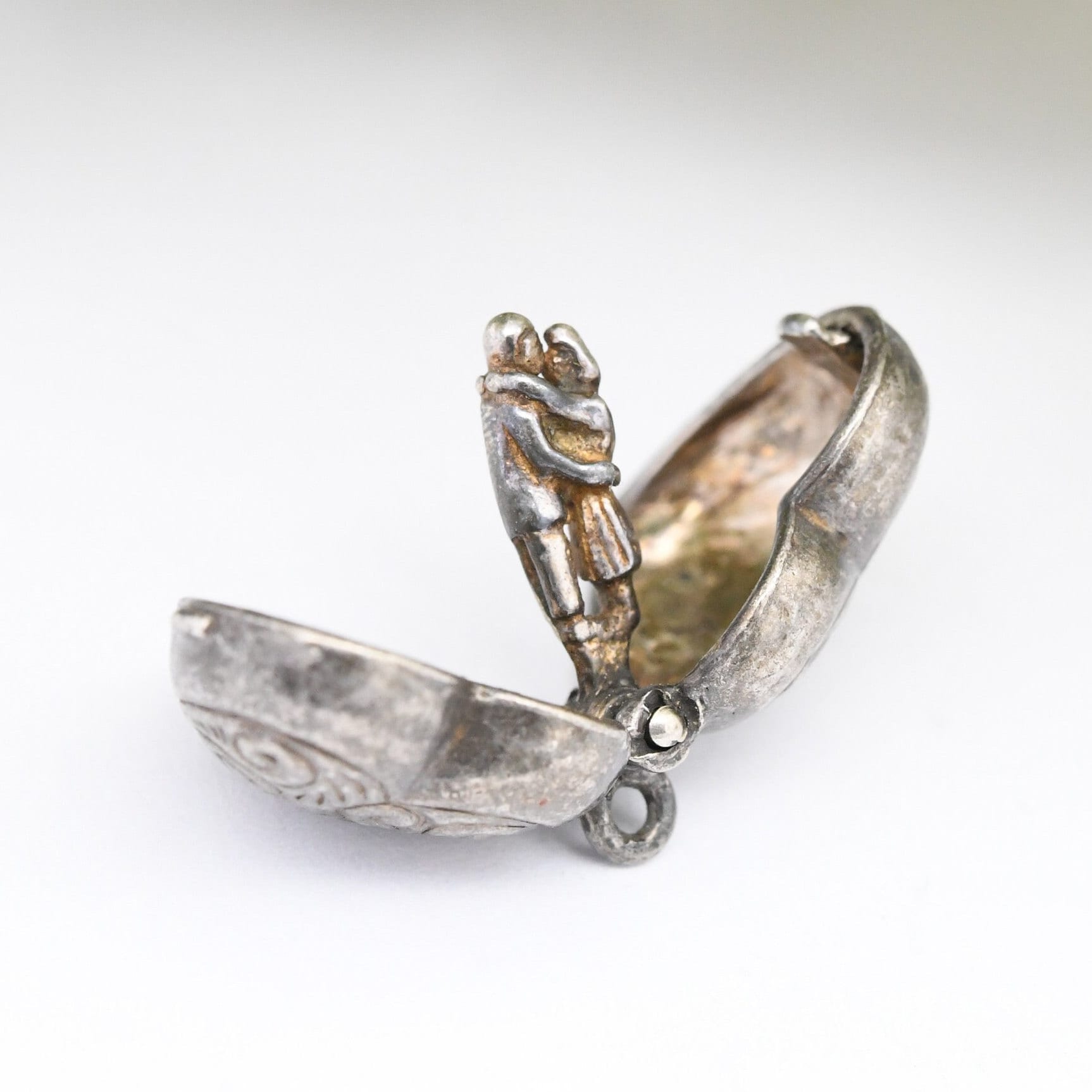 Vintage Sterling Silver Opening Heart Charm Pendant - Opening to Couple Inside | Man and Woman Hugging