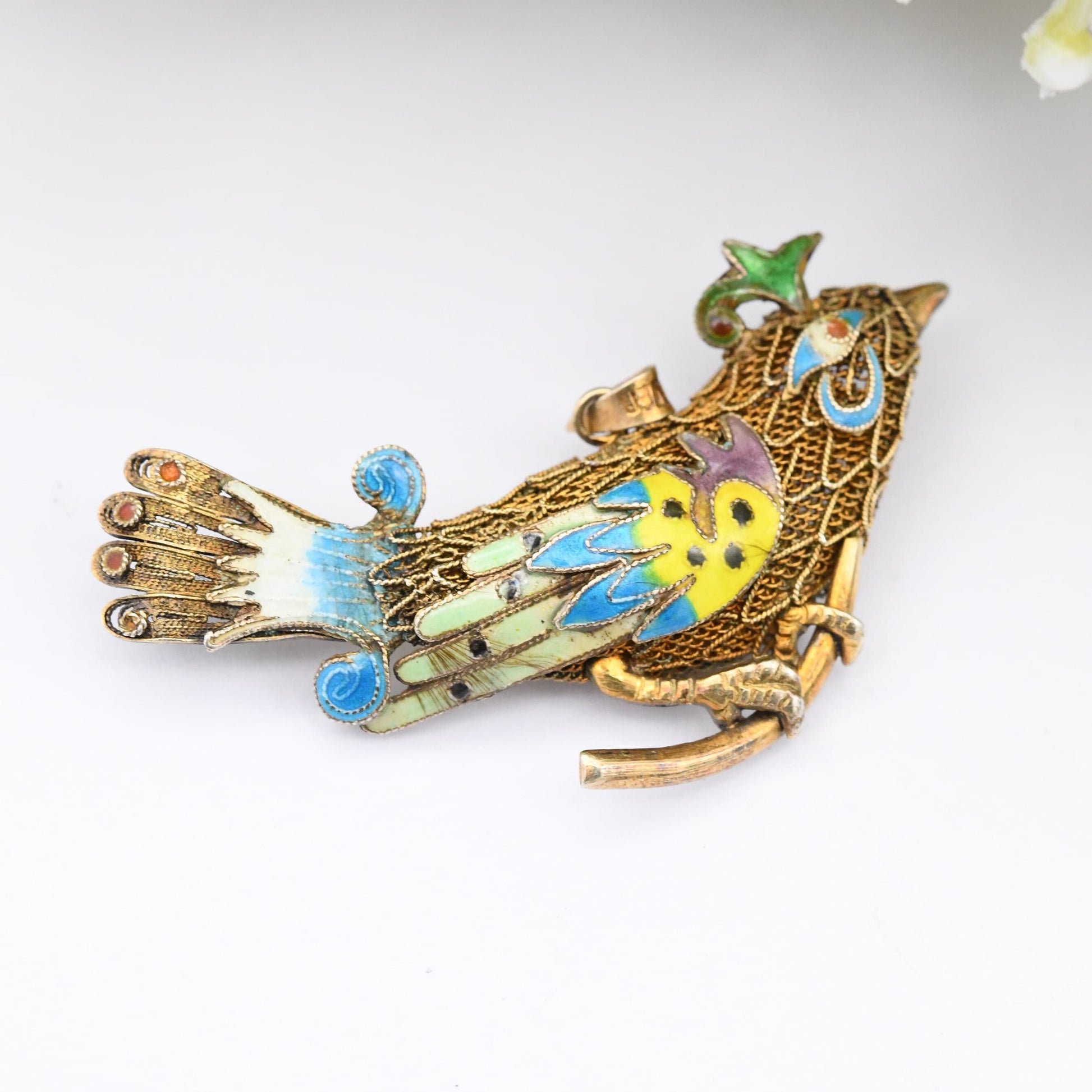 Vintage Chinese Export Silver Filigree Enamel Bird Brooch Pendant