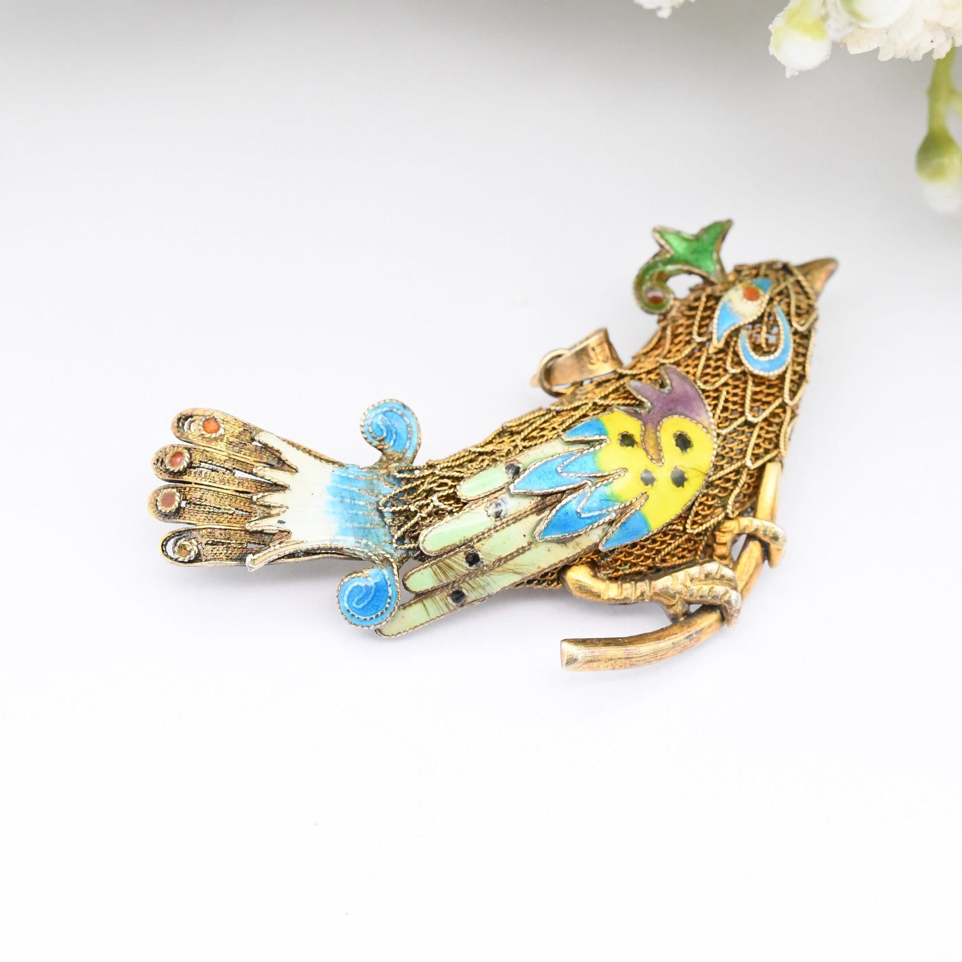 Vintage Chinese Export Silver Filigree Enamel Bird Brooch Pendant