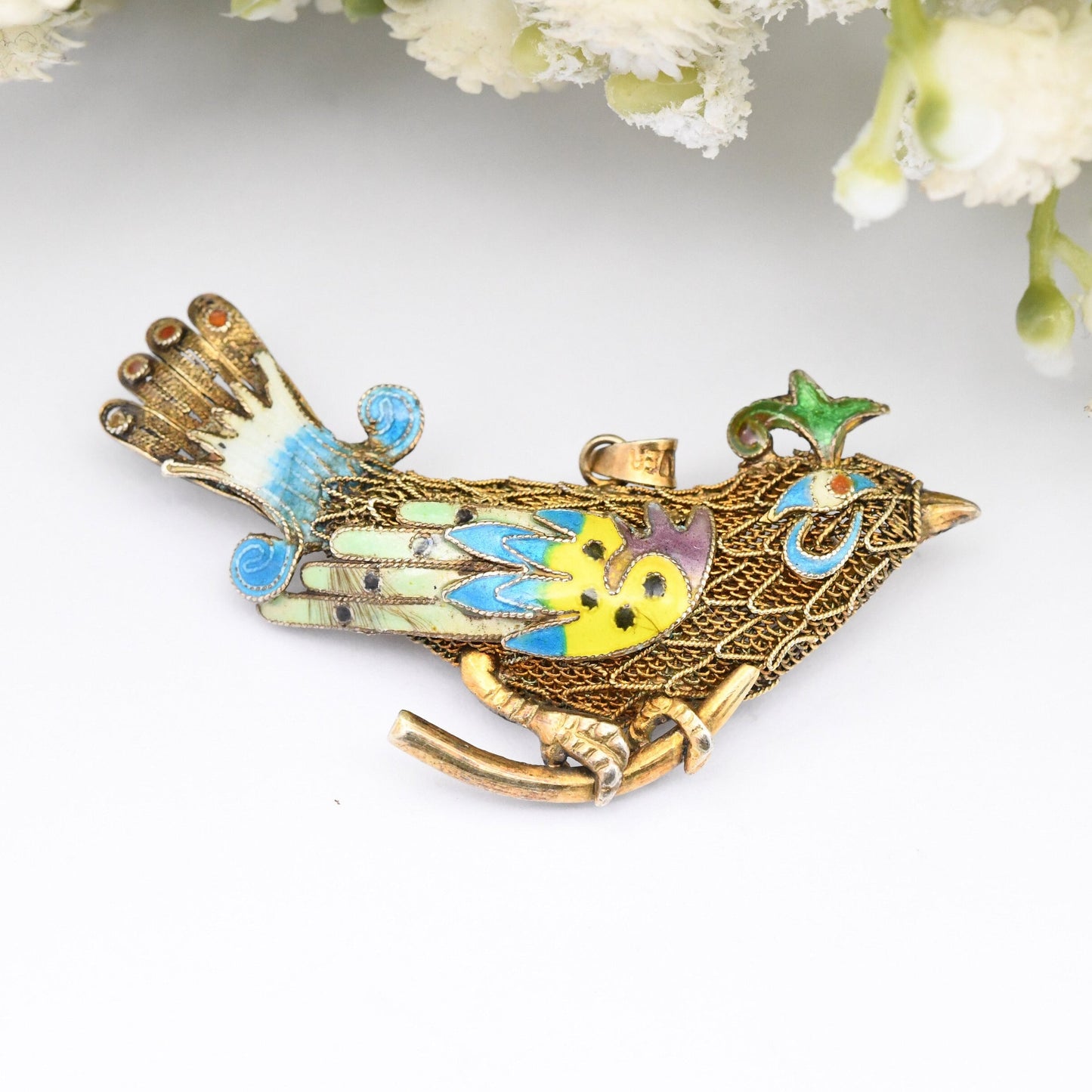 Vintage Chinese Export Silver Filigree Enamel Bird Brooch Pendant