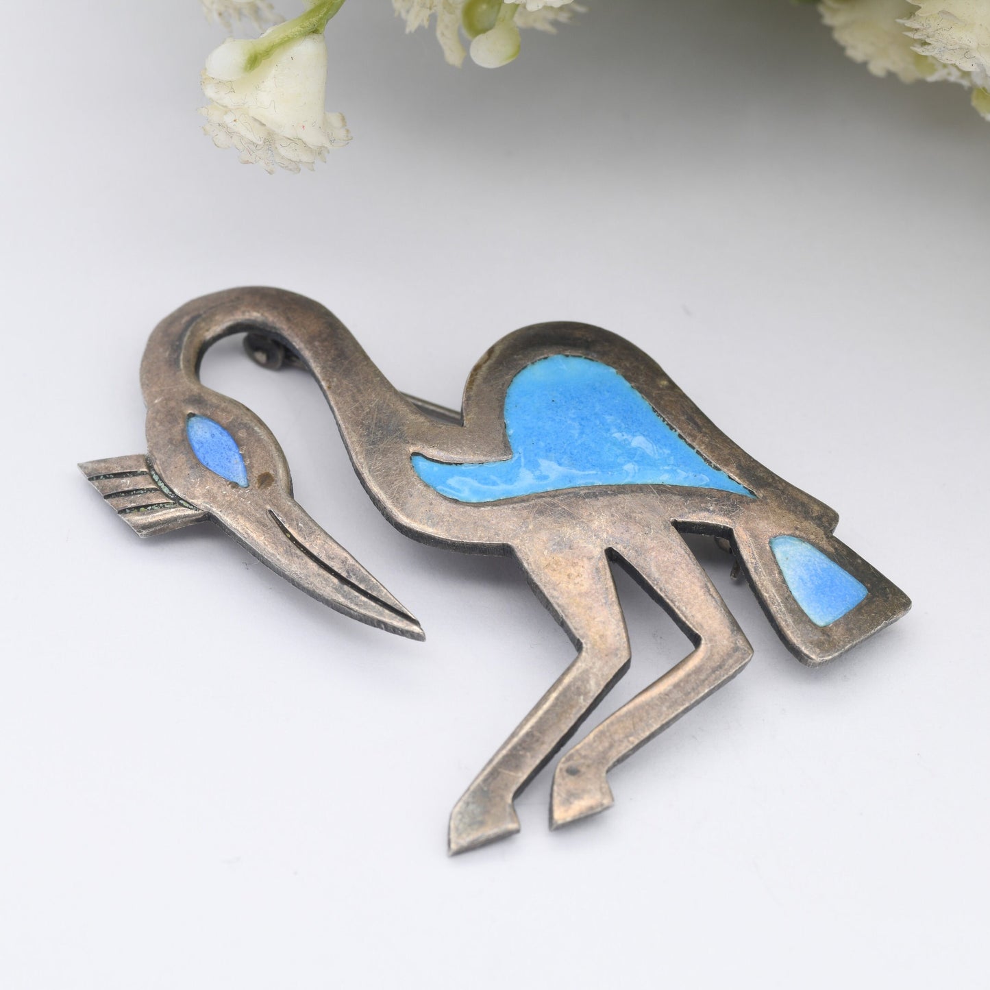 Vintage Peru Sterling Silver Crane Brooch Vicky - Blue Enamel | Signed | Statement Jewellery