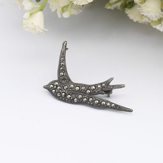 Vintage Marcasite Bird Brooch - Flying Swallow Bird